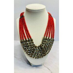Multi-Strand Two Tone Faceted Metal Bead Necklace  Red Wooden Beads -43